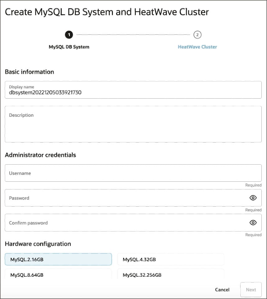Screenshot of Create MySQL DB System and HeatWave Cluster - incomplete