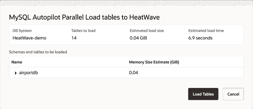 Screenshot of MySQL Autopilot Parallel Load tables to HeatWave