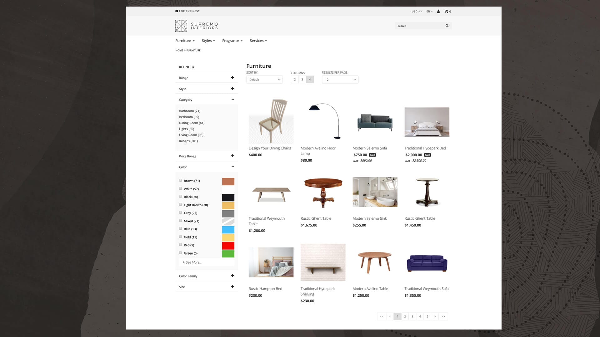 Page de site Web de vente de chaises et de tables