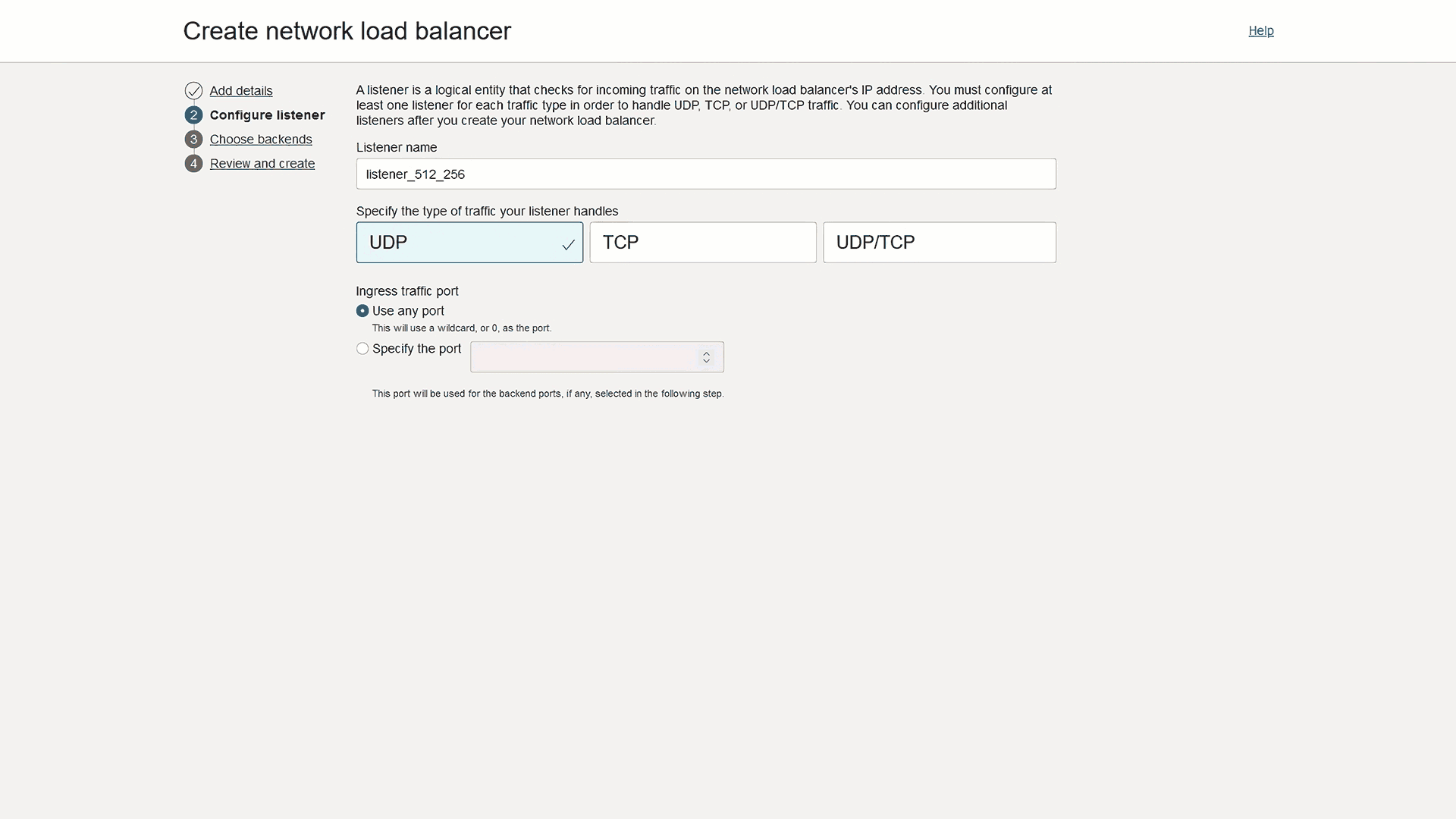 Create network load balancer - Configure listener view