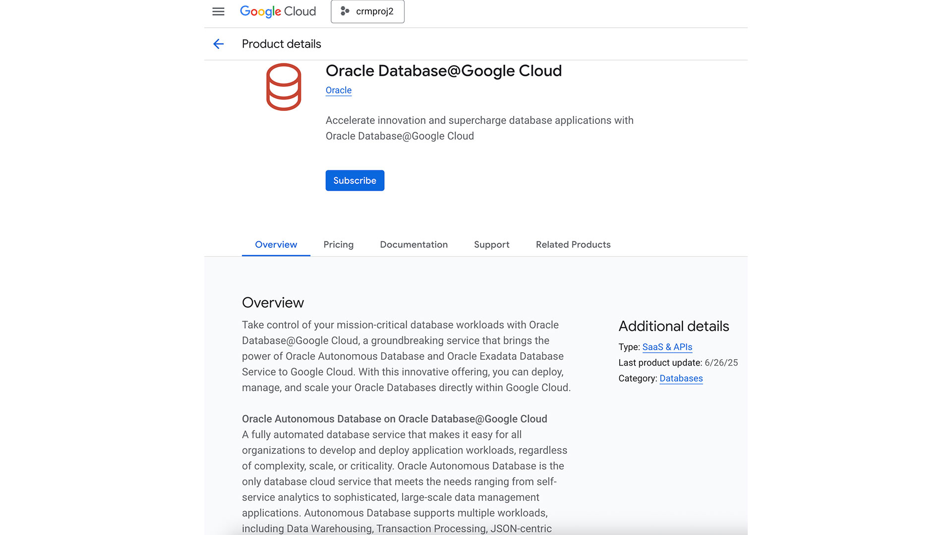 Vista de detalles del producto Oracle Database@Google Cloud