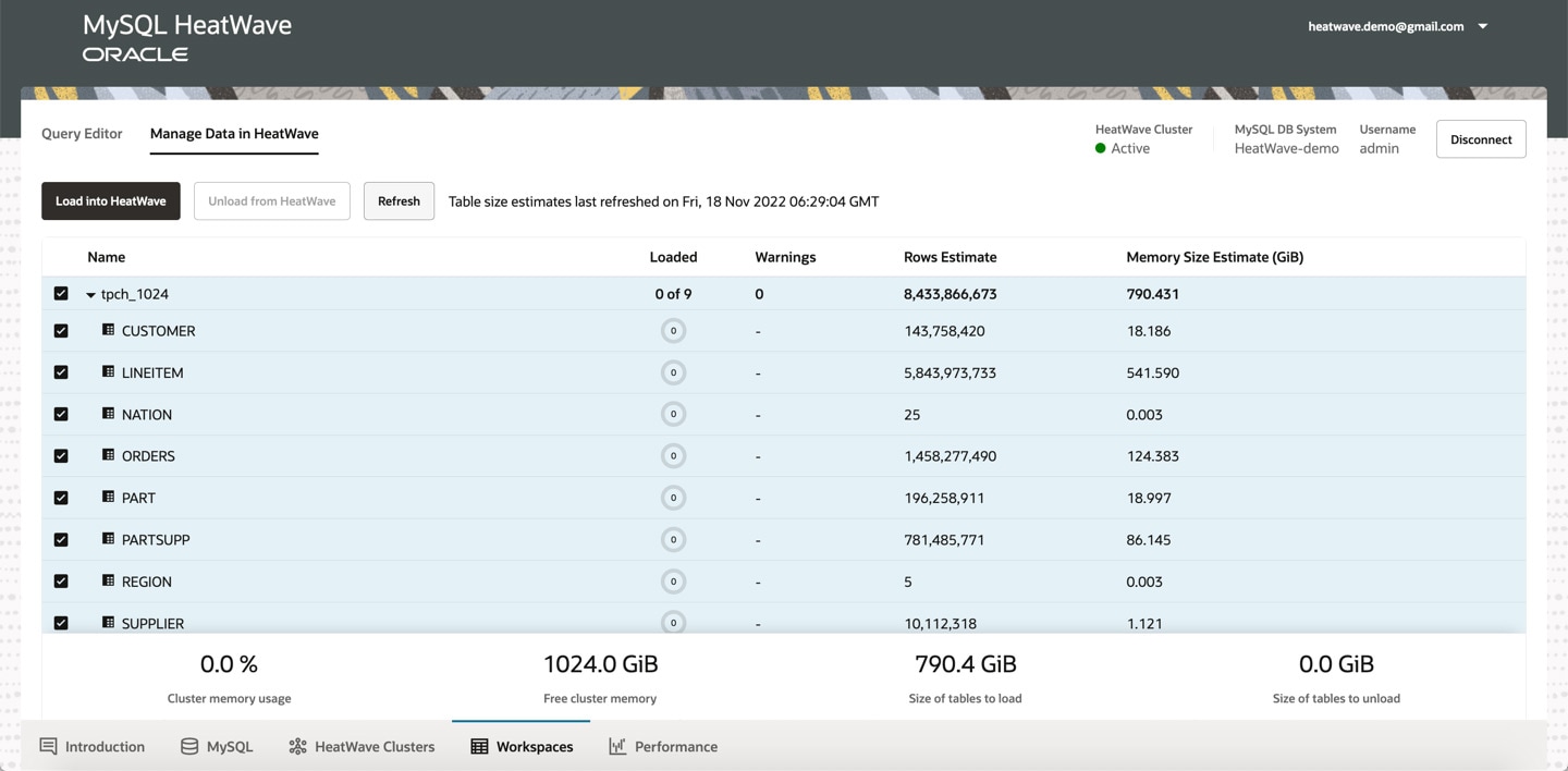 Gerenciando Dados do Cluster HeatWave - Selecionar banco de dados
