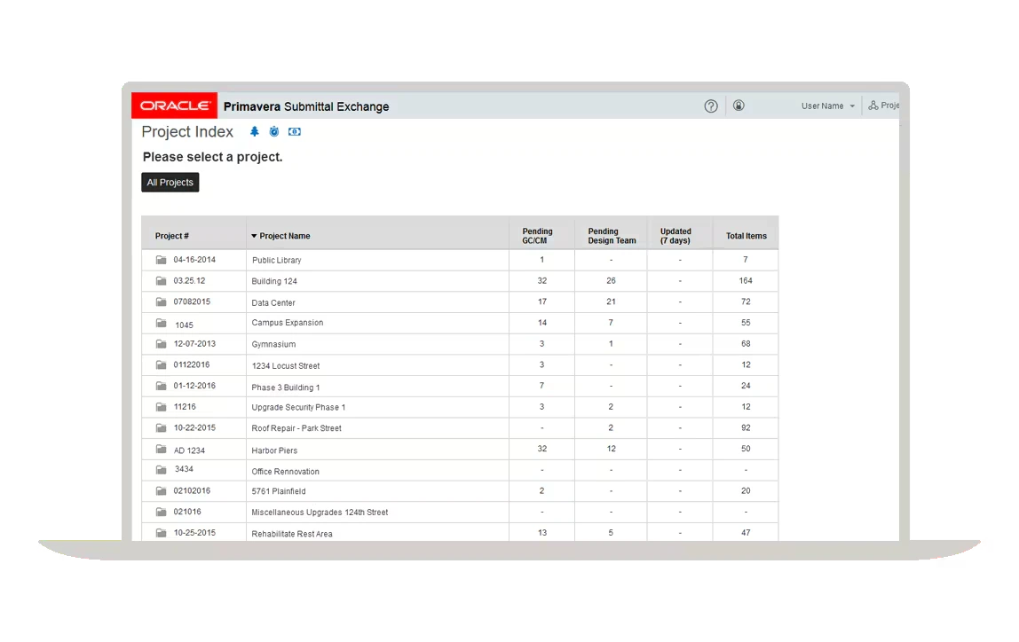 Projekteinrichtung durch Primavera Submittal Exchange – Screenshot